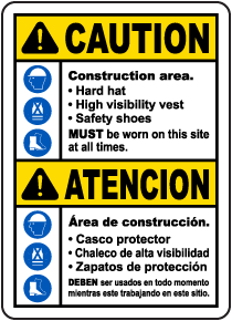 Bilingual Caution Construction Area PPE Sign