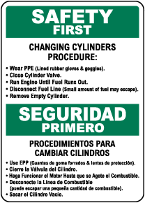 Bilingual Safety First Changing Cylinders Sign