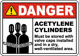 Acetylene Cylinders Must Be Stored With Valve Caps Sign