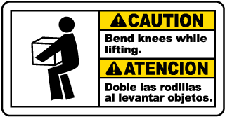 Bilingual Caution Bend Knees While Lifting Sign