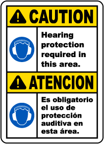 Bilingual Caution Hearing Protection Required Sign