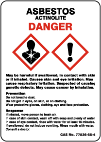 Asbestos Actinolite Prevention and Response Sign