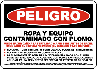 Spanish Danger Clothing And Equipment Contaminated With Lead Sign