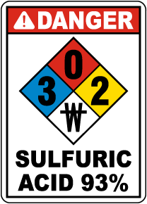 NFPA Danger Sulfuric 93% 3-0-2-No Water Sign