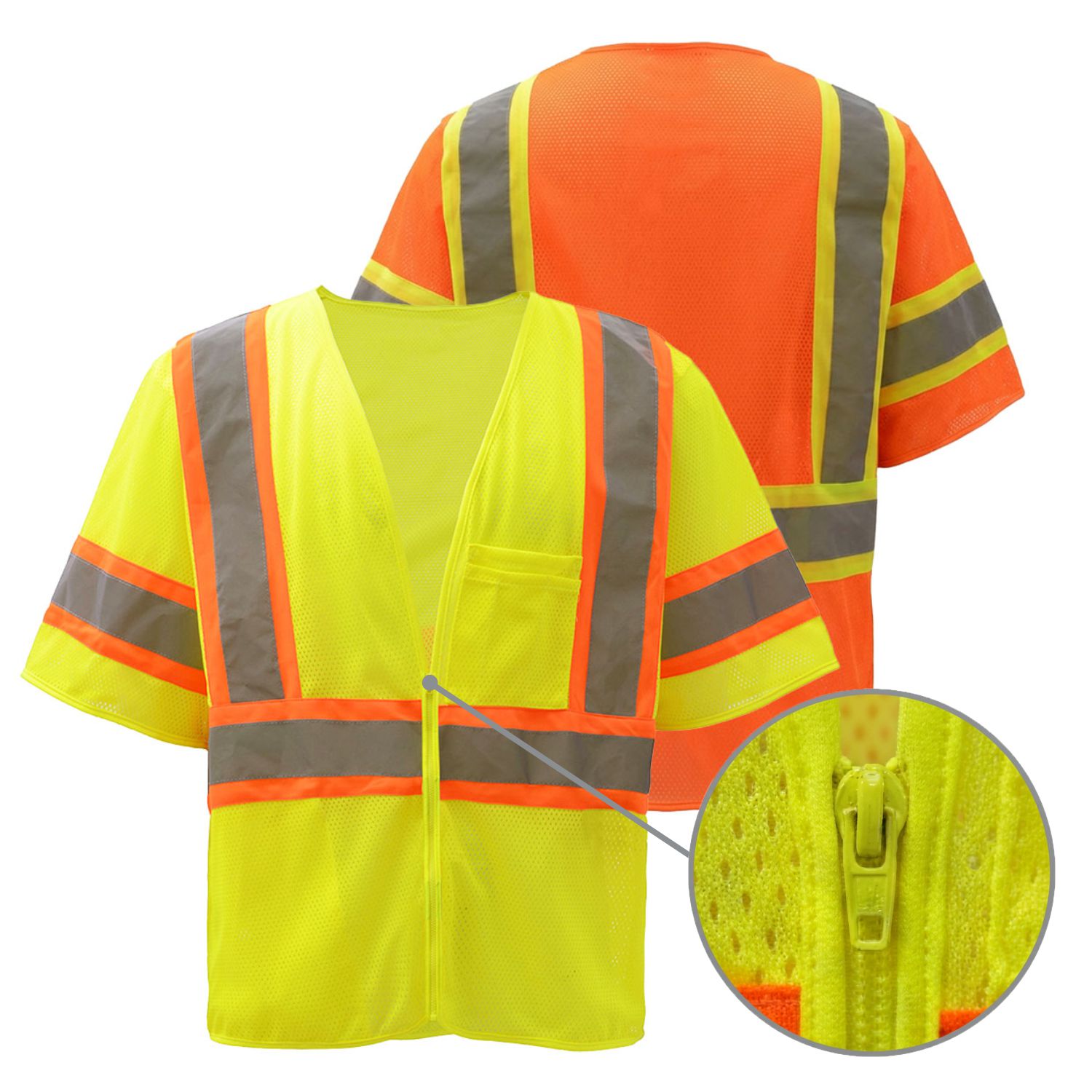 ANSI Class 3 Hi Vis Safety Vest with Zipper and Contrasting Trim