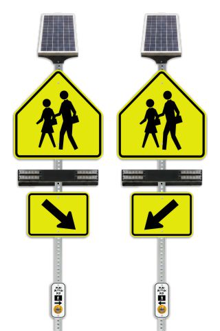 RRFB MUTCD School Crossing System, Double-Sided Solar (4 Beacons), 30" Fluorescent Yellow-Green DG Sign