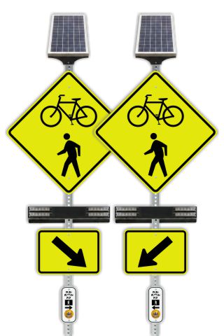 RRFB MUTCD Bicycle & Pedestrian Crosswalk Kit, Double-Sided Solar (4 Beacons), 30" Fluorescent Yellow-Green DG Sign