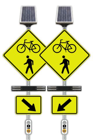 RRFB MUTCD Bicycle & Pedestrian Crosswalk Kit, Single-Sided Solar (2 Beacons), 30" Fluorescent Yellow-Green DG Sign