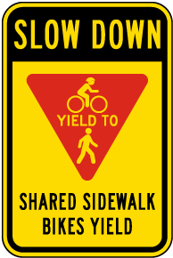 Slow Down Shared Sidewalk Bikes Yield Sign