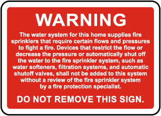 NFPA Residential Sprinkler System Warning Sign
