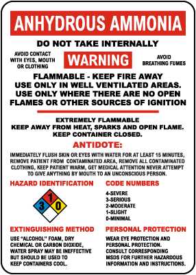 Anhydrous Ammonia Hazardous Warning Sign