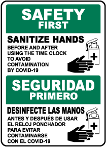 Bilingual Safety First Sanitize Hands Sign
