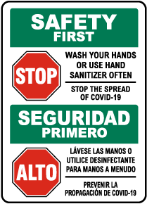 Bilingual Safety First Wash Your Hands Use Hand Sanitizer Sign