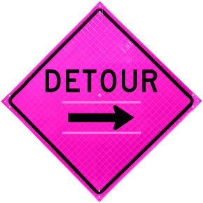 Detour With Arrow Pink Roll-Up Sign