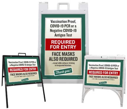 Vaccination Proof, Covid-19 PCR or Negative Test Required for Entry Sandwich Board Sign