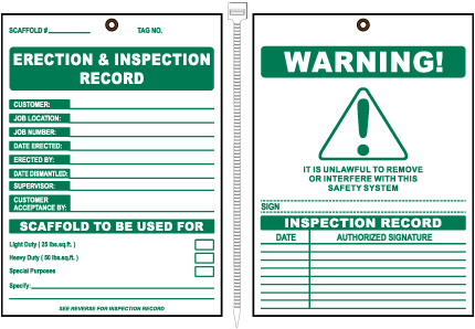 Erection & Inspection Record Scaffold Tag