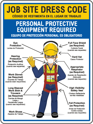 Bilingual Job Site Dress Code Max PPE Required Sign
