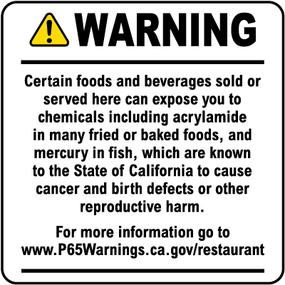 Food and Non-Alcoholic Beverage Exposure Warning Point of Sale Sign for Restaurants