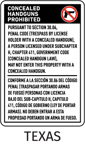 Texas 30.06 Bilingual No Concealed Carry Sign