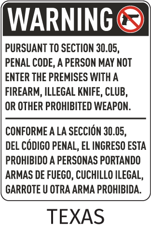 Bilingual Texas 30.05 No Firearms Allowed Sign