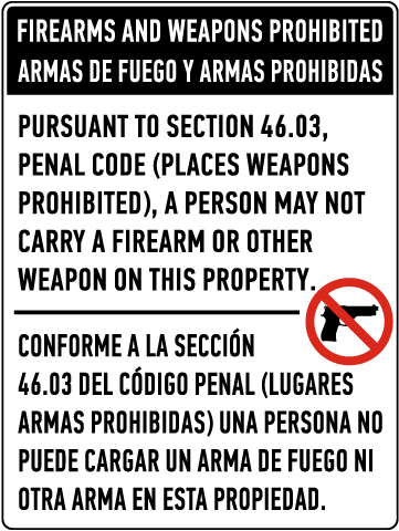 Bilingual Texas 46.03 Firearms and Weapons Prohibited Sign