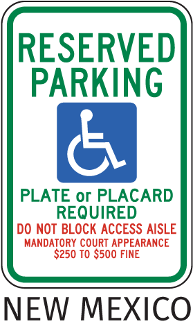 New Mexico Reserved Parking Placard Required Sign