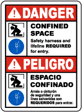 Bilingual Safety Harness and Lifeline Required Sign