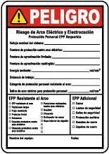 Spanish Write-On NFPA 70E Arc Flash & PPE Danger Label