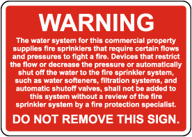 Warning Water System Sprinkler Supply Sign