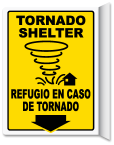 Bilingual Tornado Shelter Down Arrow 2-Way Sign