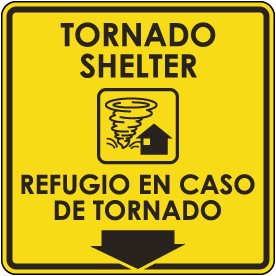 Bilingual Tornado Shelter Down Arrow Sign