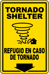 Bilingual Tornado Shelter Down Arrow Sign
