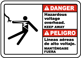 Bilingual Danger Hazardous Voltage Overhead Label