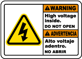 Bilingual Warning High Voltage Inside Do Not Open Sign