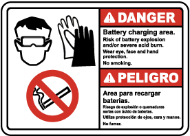 Bilingual Battery Charging Area Risk of Explosion Sign