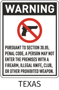 Texas 30.05 No Firearms Allowed Sign