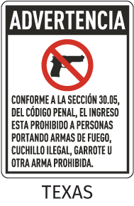 Spanish Texas 30.05 No Firearms Allowed Sign