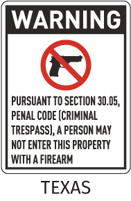 Texas 30.05 No Firearms Allowed Sign