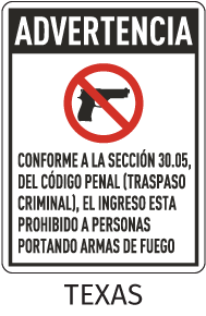 Spanish Texas 30.05 No Firearms Allowed Sign