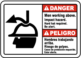 Bilingual Danger Men Working Above Impact Hazard Sign