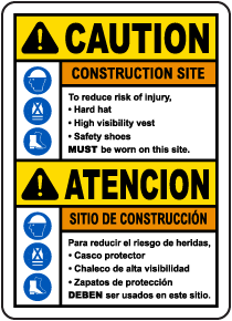 Bilingual Caution Construction Site Risk of Injury Sign
