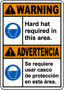 Bilingual Warning Hard Hat Required In This Area Sign
