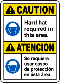 Bilingual Caution Hard Hat Required In This Area Sign