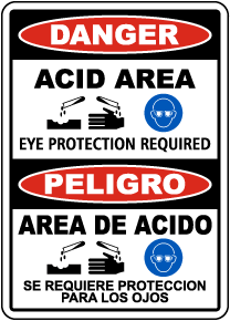 Bilingual Danger Acid Area Eye Protection Required Sign