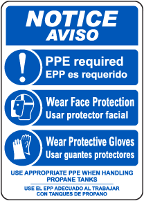 Bilingual Notice PPE Required When Handling Propane Tanks Sign