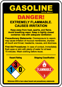 Gasoline Hazard Rating and Shipping Classification Sign