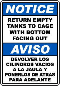 Bilingual Notice Return Empty Tanks To Cage Sign