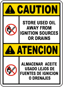 Bilingual Caution Store Used Oil Sign