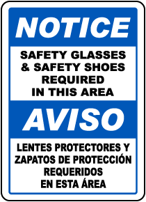 Bilingual Safety Glasses & Shoes Required Sign
