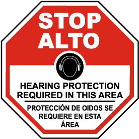Bilingual Stop Hearing Protection Required Sign